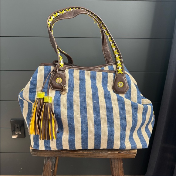 Big Buddha Swesley Blue and White Striped Tribal Tote Bag - Picture 13 of 13